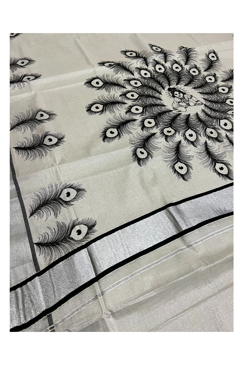 Kerala Silver Tissue Kasavu Saree with Peacock Feather and Baby Krishna Mural Prints on Pallu