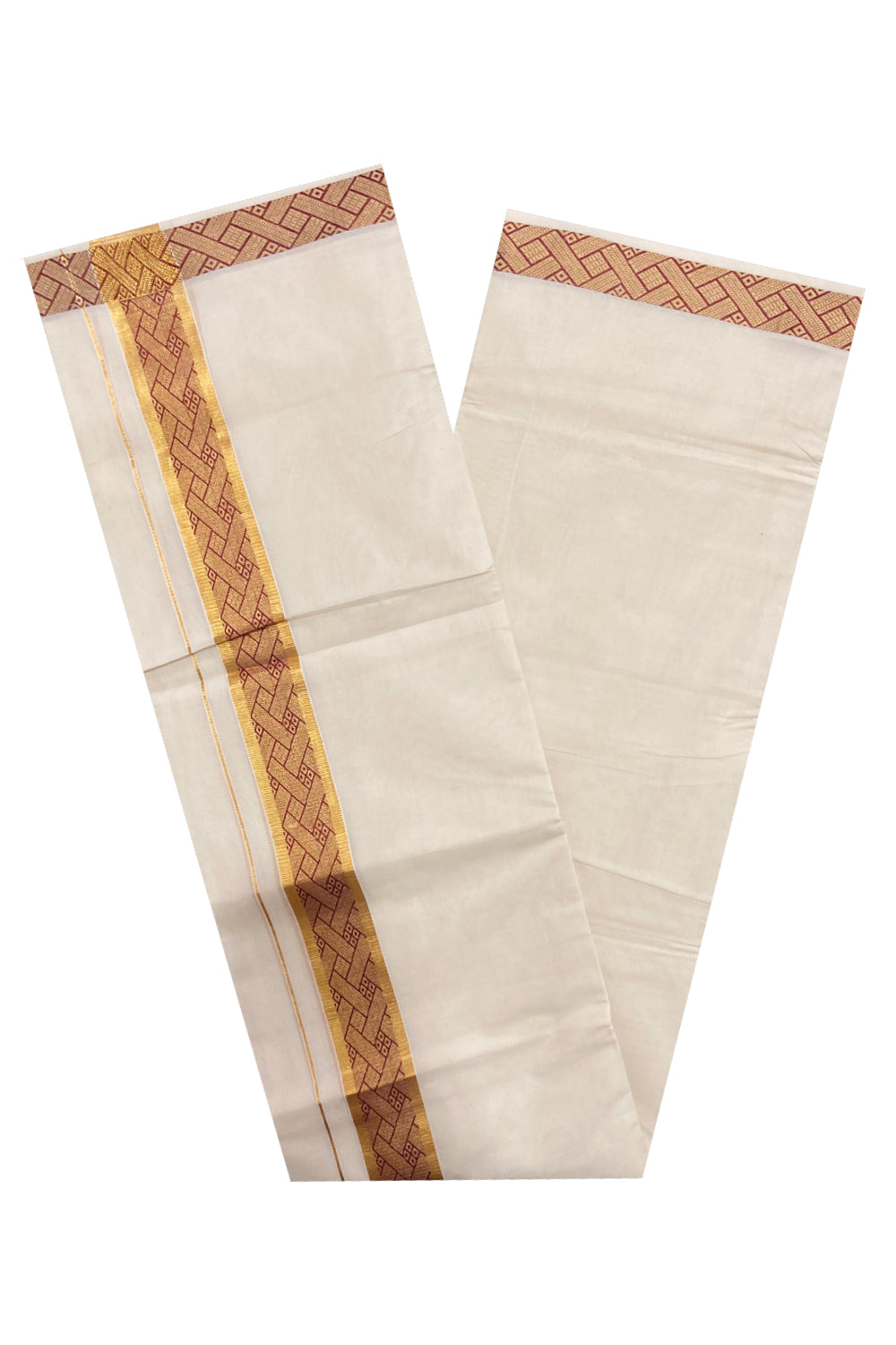 Off White Kerala Double Mundu with Kasavu and Red Woven Border (South Indian Dhoti)