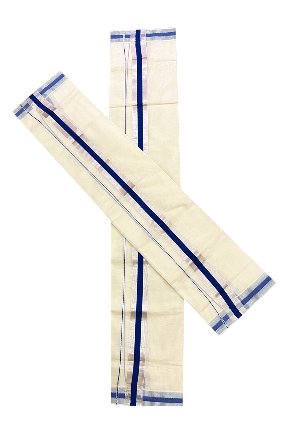 Kerala Cotton Mundum Neriyathum Single (Set Mundu) with Blue and Silver Kasavu Border 2.80 Mtrs