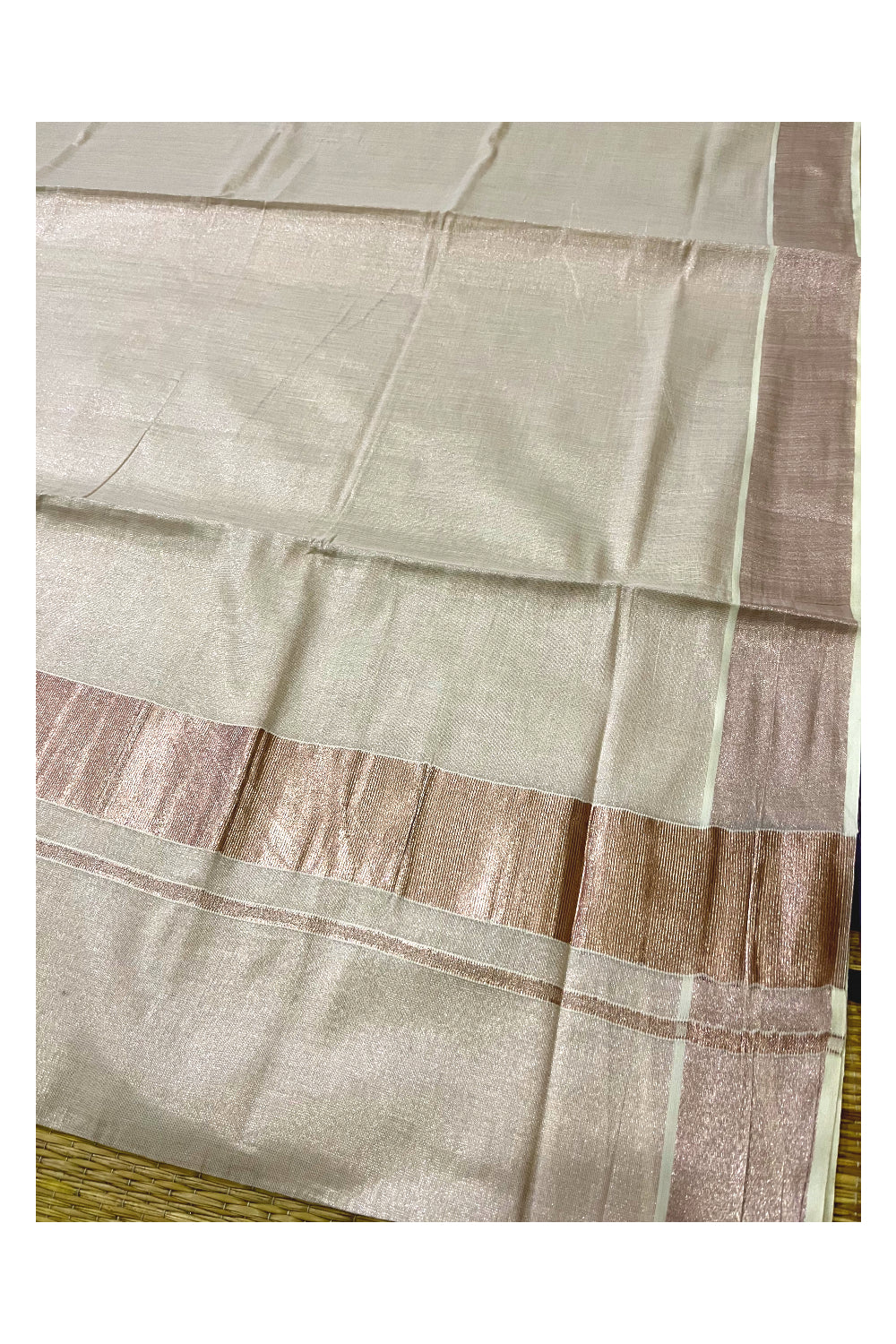 Kerala Plain Rose Copper Tissue Kasavu Saree with 3 inch Pallu