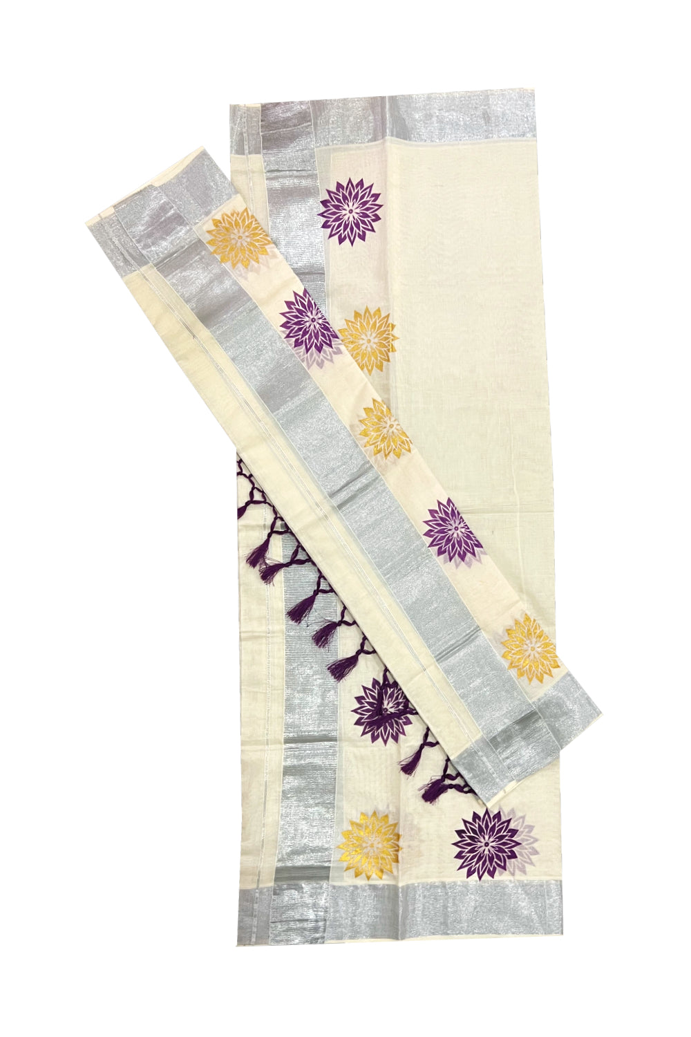 Kerala Cotton Mundum Neriyathum Single (Set Mundu) with Purple and Golden Floral Block Prints