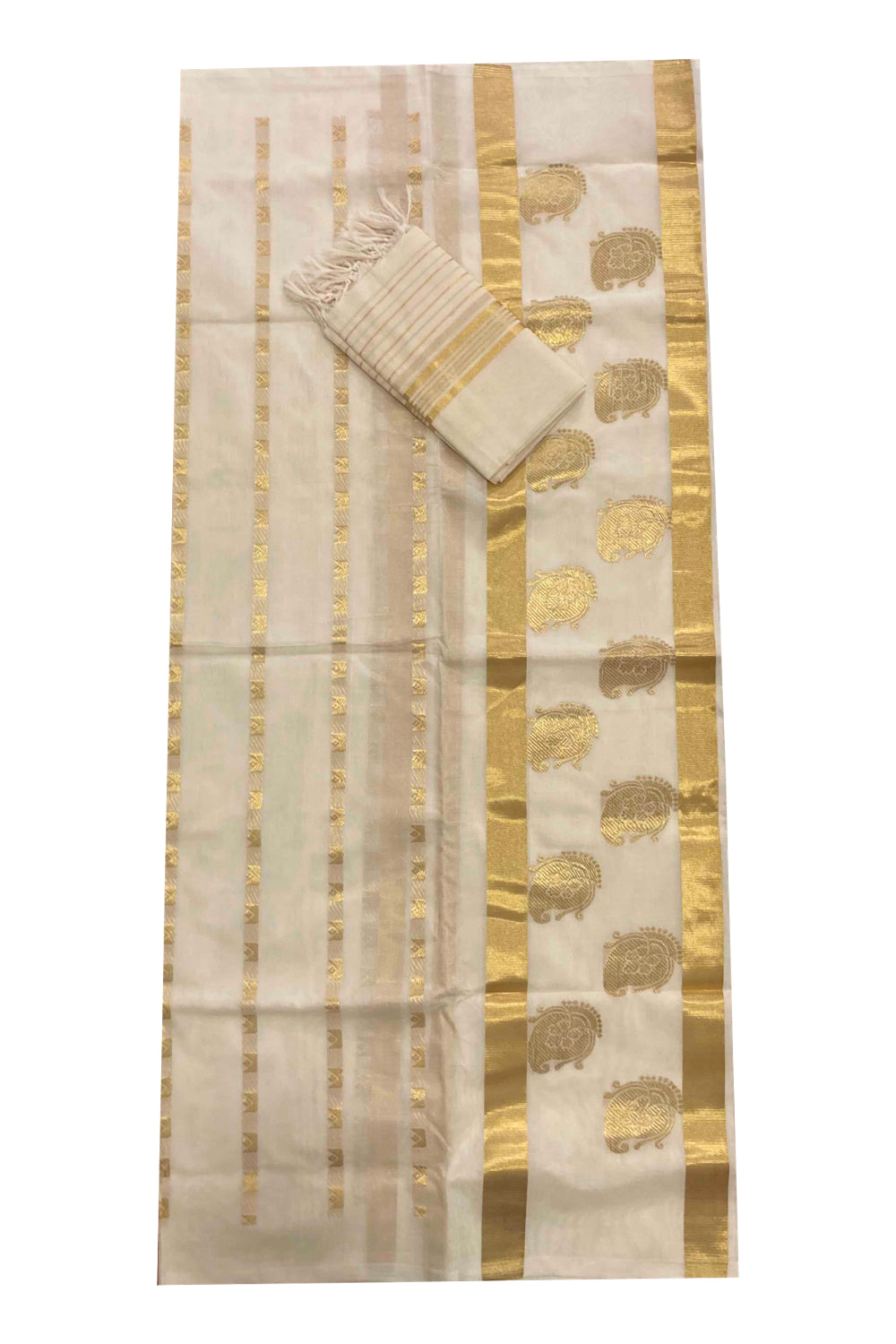 Southloom™ Handloom Kasavu Churidar Salwar Material with Paisley Stripes Woven Work (include Plain Shawl / Dupatta)