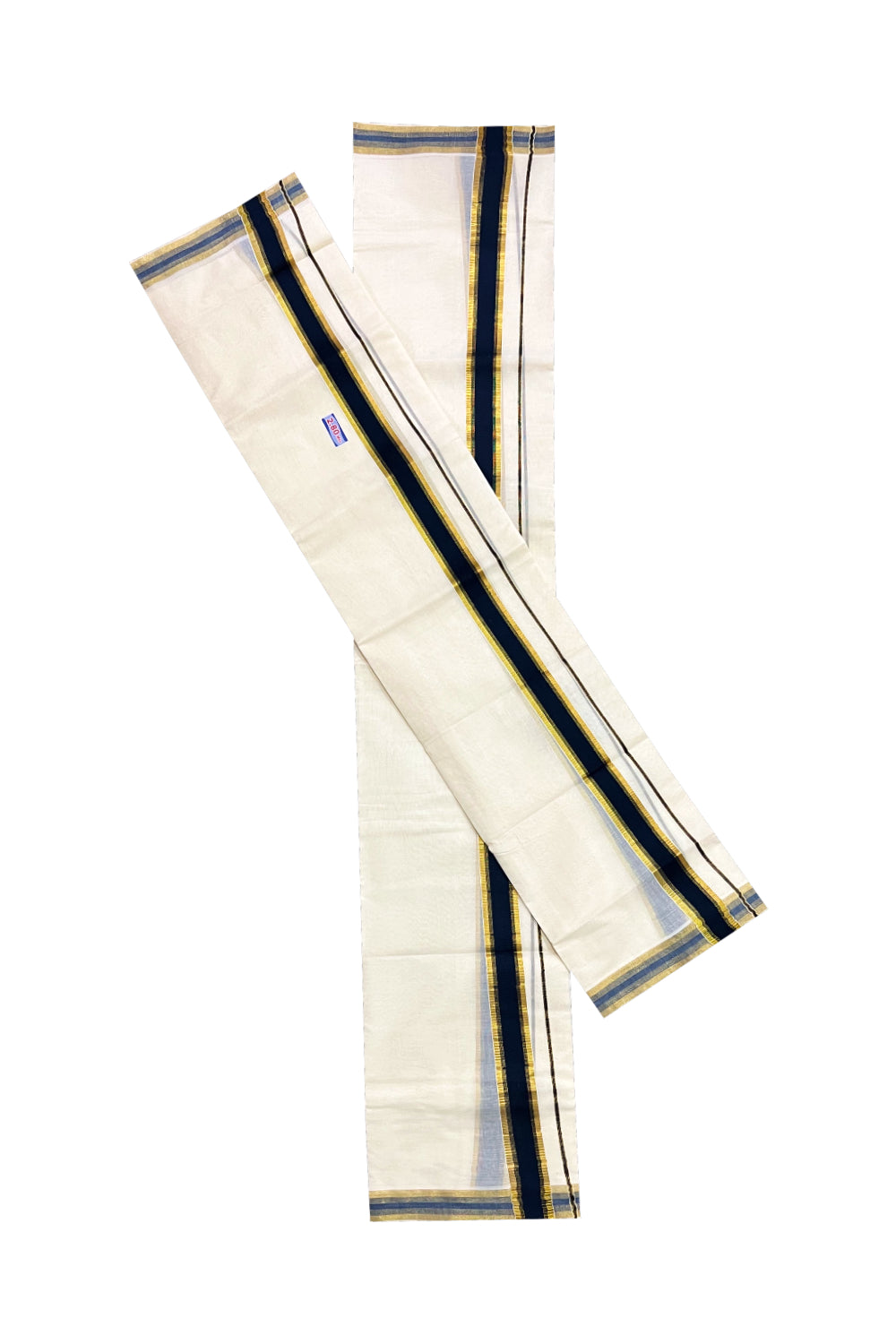 Pure Cotton Kerala Single Set Mundu (Mundum Neriyathum) with Navy Blue and Kasavu Border 2.80 Mtrs