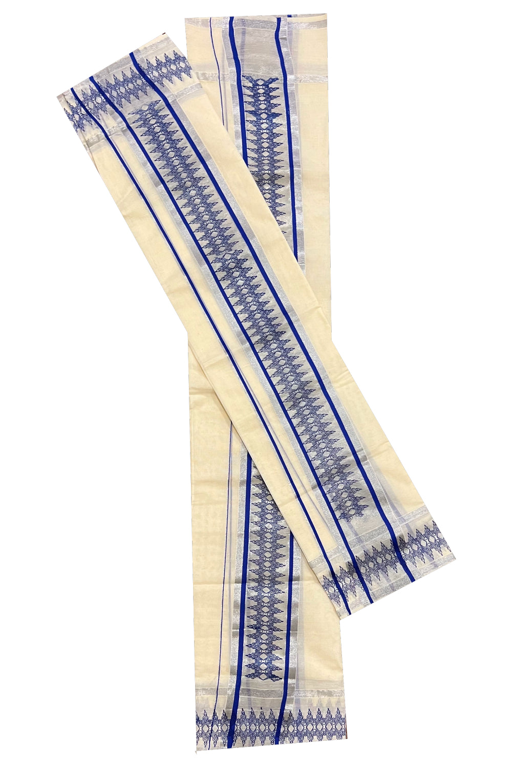 Cotton Silver Kasavu Set Mundu (Mundum Neriyathum) with Blue Block Prints on Border