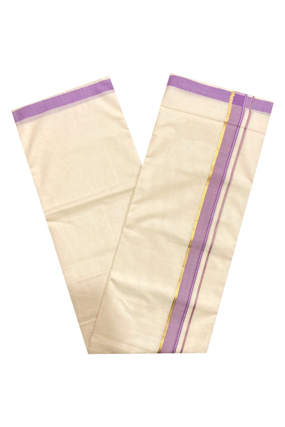 Off White Pure Cotton Double Mundu with Kasavu and Violet Border (South Indian Kerala Dhoti)