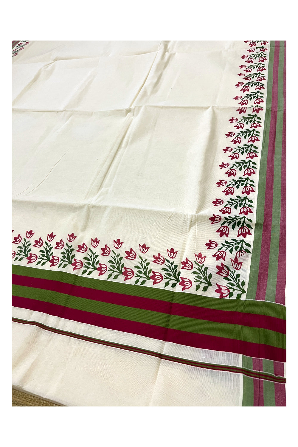 Pure Cotton Kerala Saree with Floral Block Prints and Maroon Green Border