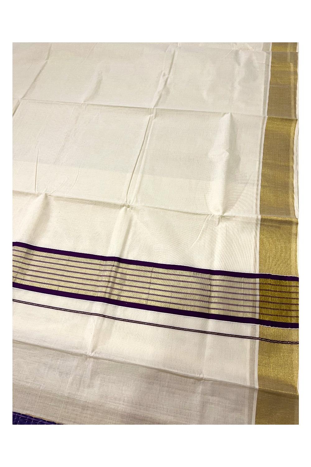 Kerala Pure Cotton Plain Saree with Kasavu Border and Kasavu Purple Pallu