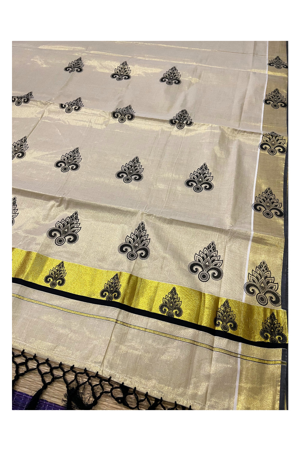 Kerala Tissue Kasavu Saree with Black Block Printed Design and Tassels Work on Pallu