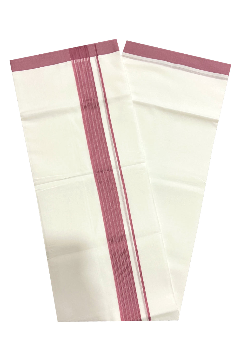 Pure White Cotton Double Mundu with Lines on Mauve Border (South Indian Dhoti)