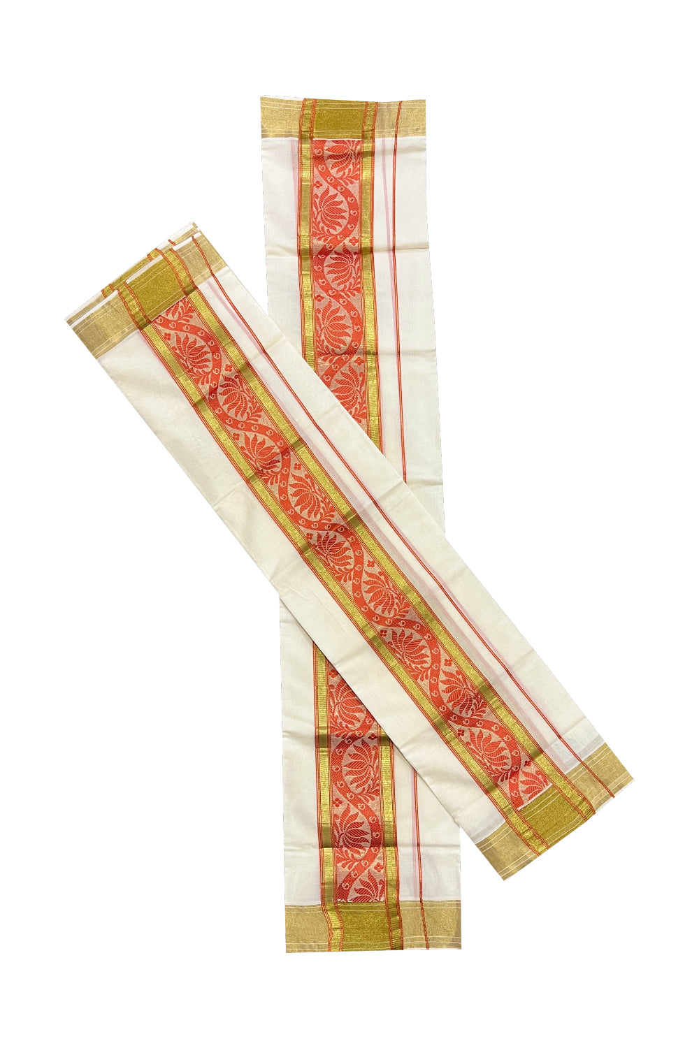 Kerala Cotton Kasavu Set Mundu (Mundum Neriyathum) with Red Floral Woven Border