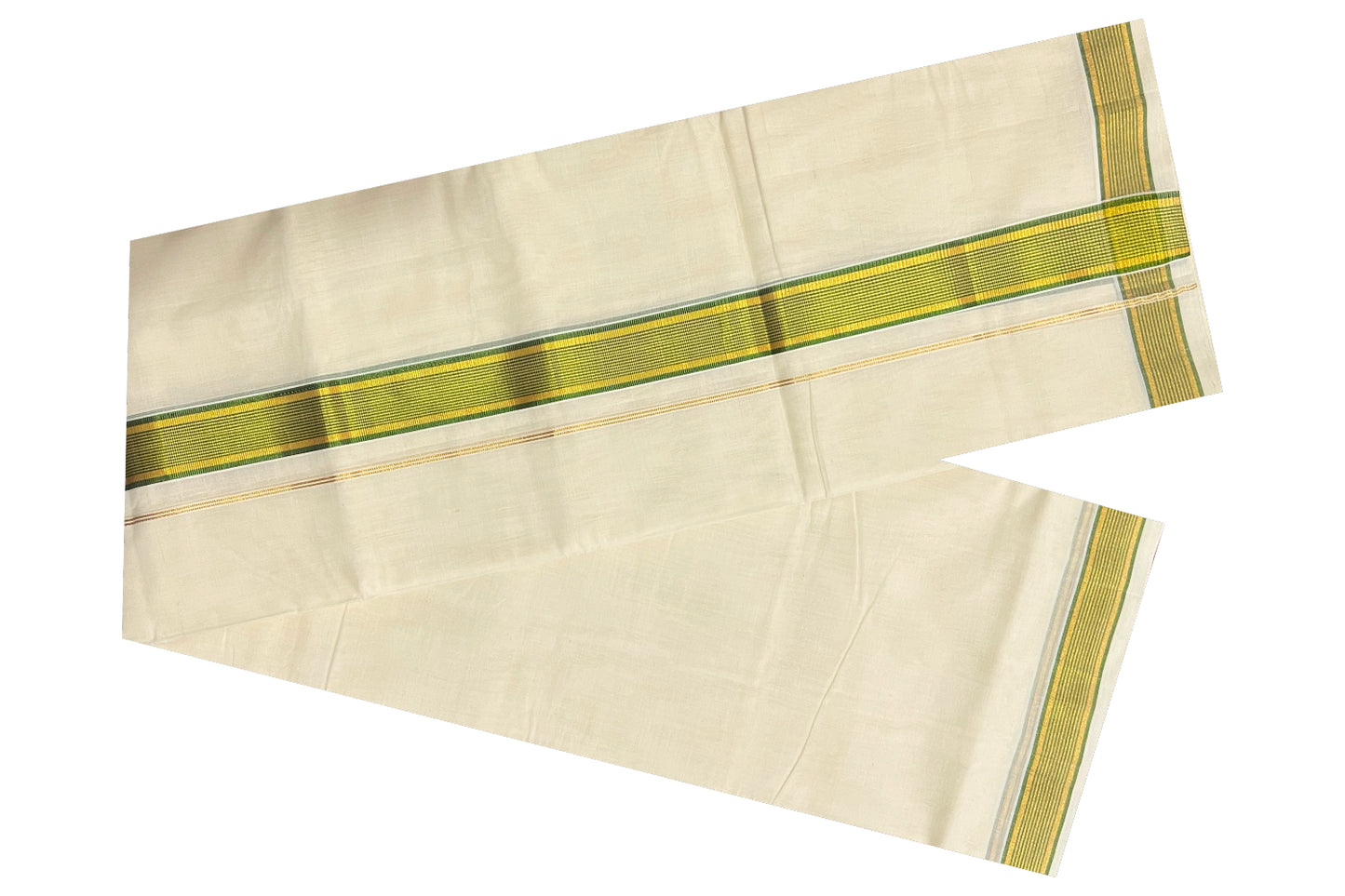 Southloom Kuthampully Handloom Pure Cotton Mundu with Golden and Light Green Kasavu Border (South Indian Dhoti)