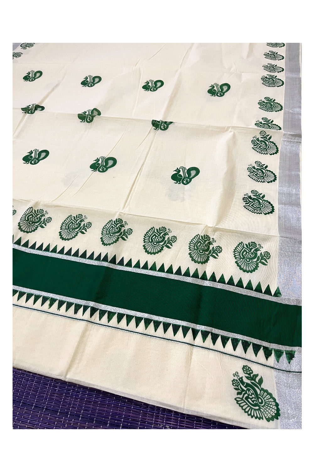 Pure Cotton Kerala Saree with Green Peacock Block Prints and Silver Kasavu Temple Border (Vishu Saree 2023)