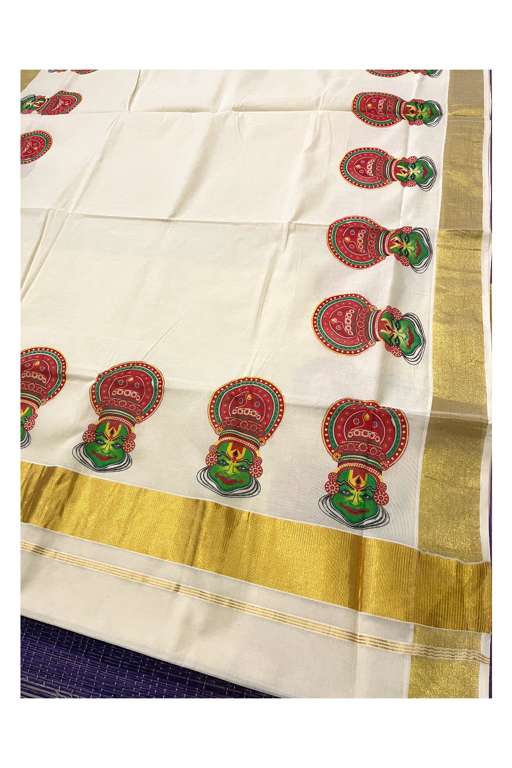 Pure Cotton Kerala Kasavu Saree with Mural Printed Kathakali Design