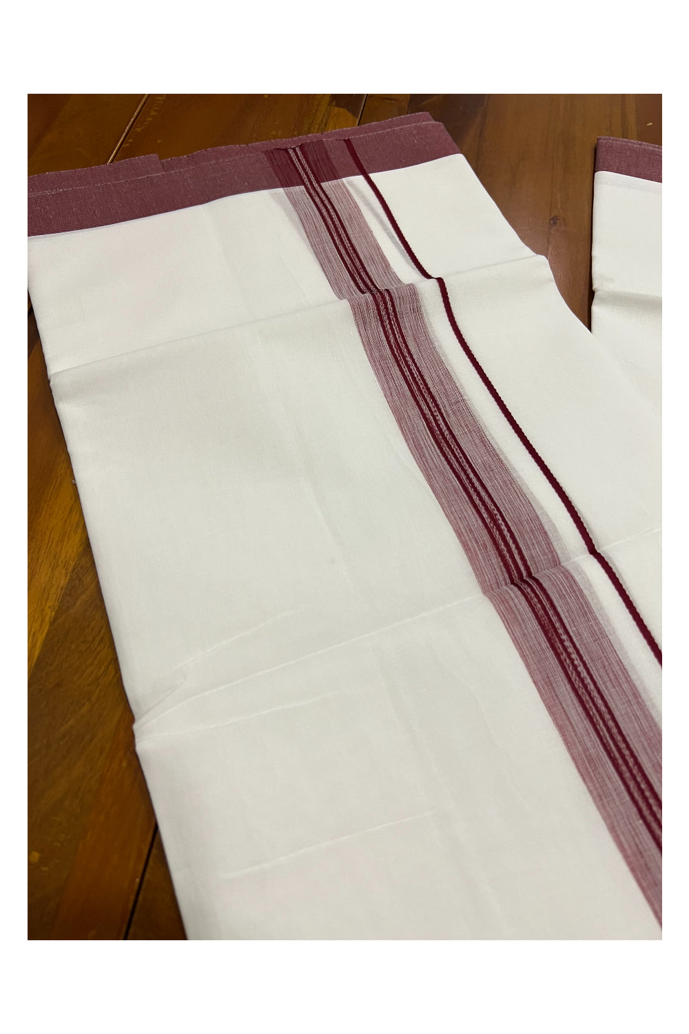 Pure White Kerala Cotton Double Mundu with Maroon Border (South Indian Dhoti)