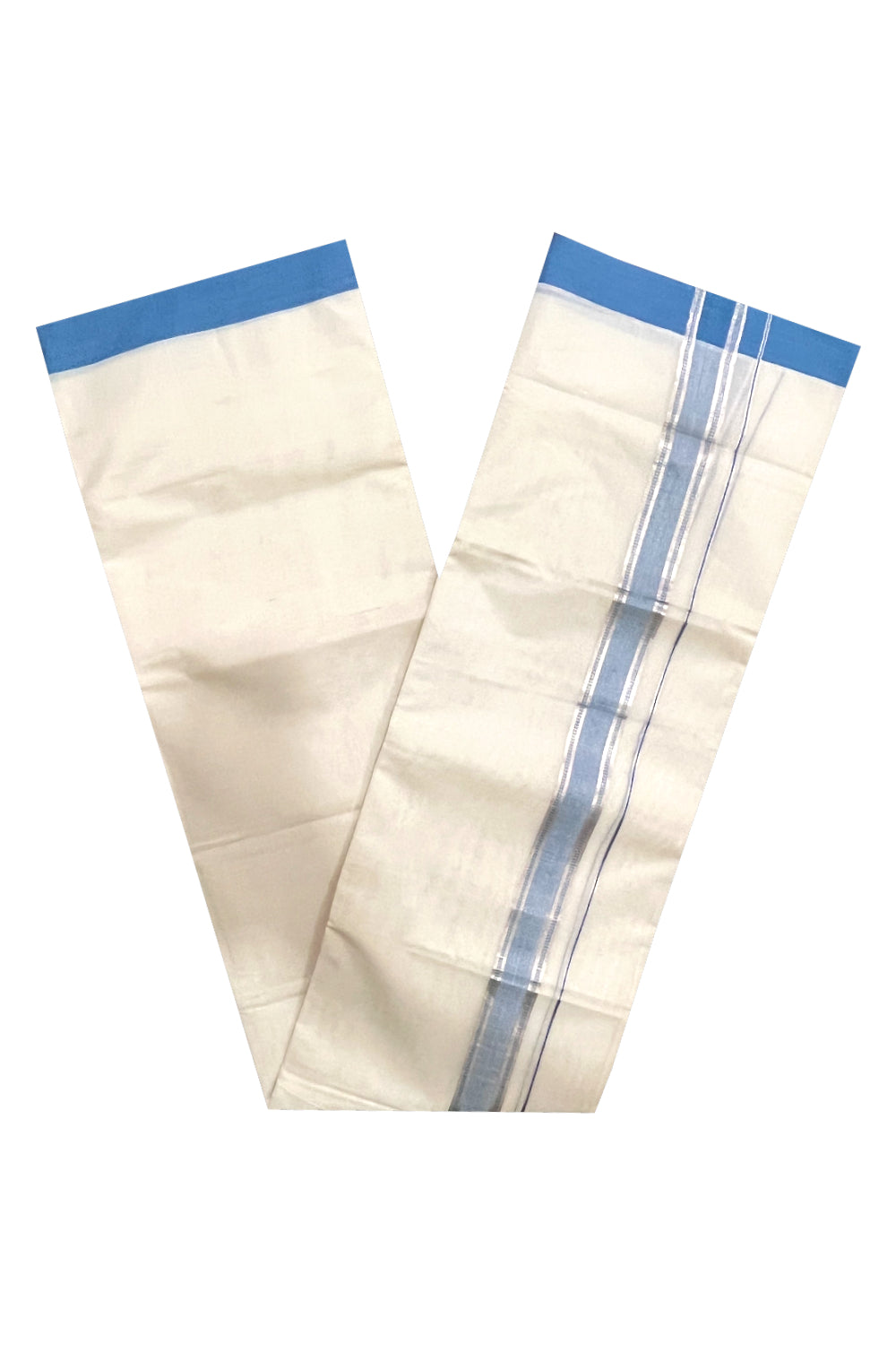 Pure Cotton Off White Double Mundu with Silver Kasavu and Blue Border (South Indian Dhoti)