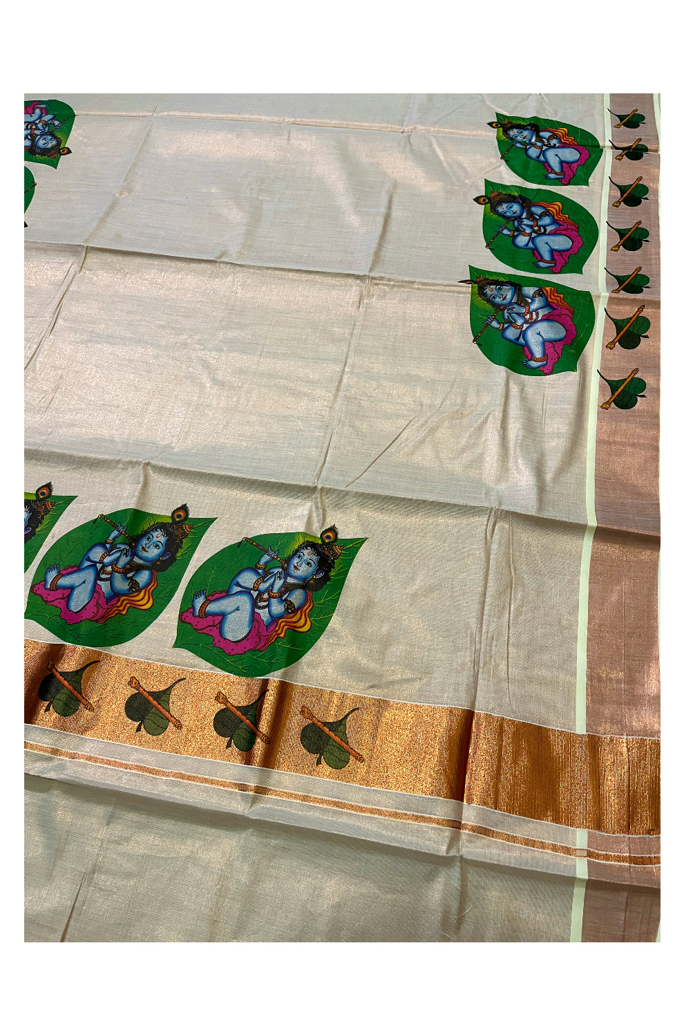 Kerala Copper Tissue Kasavu Saree With Mural Printed Baby Krishna Design and Leaf Prints on Border