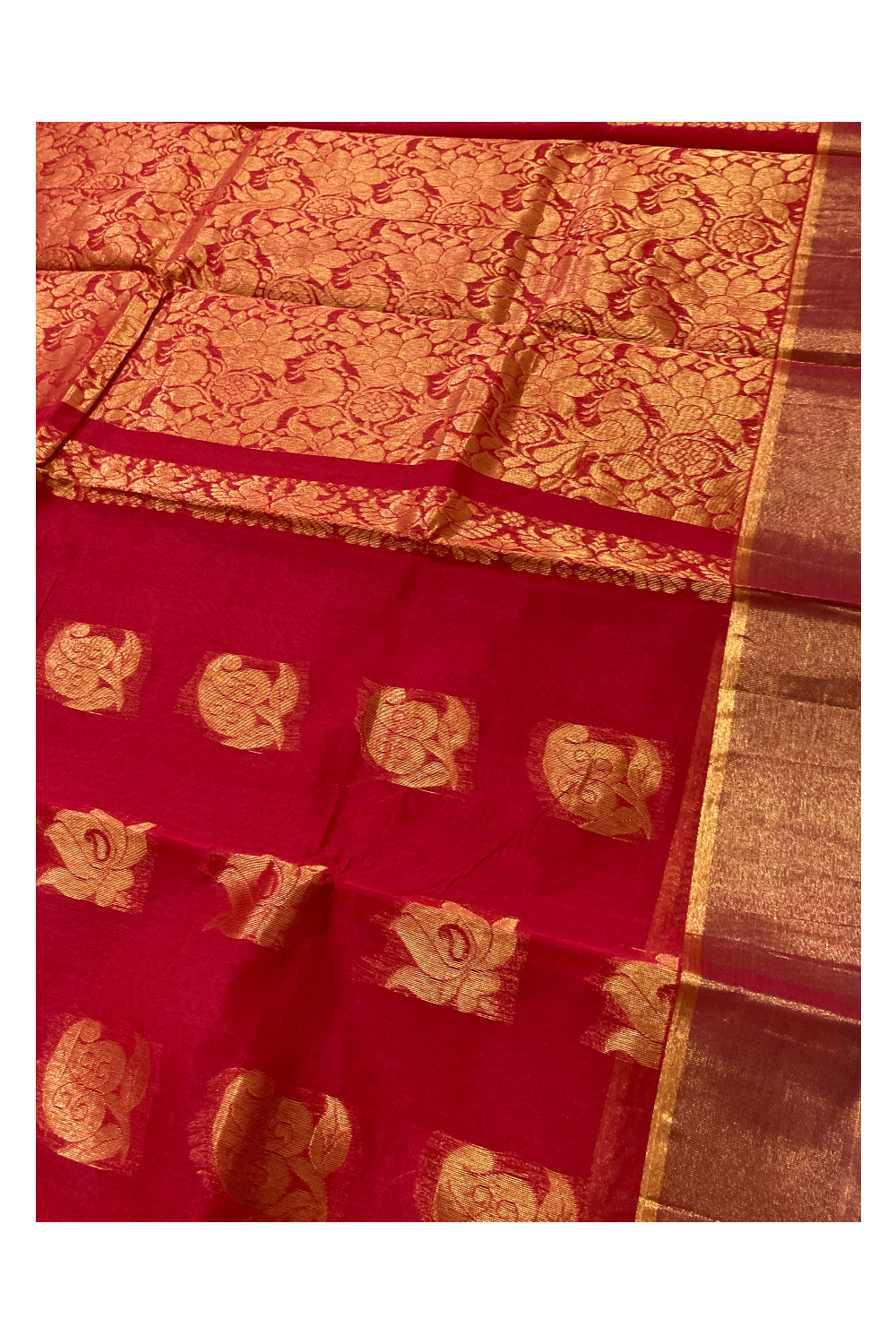 Southloom Cotton Silk Red Designer Saree with Zari Motifs