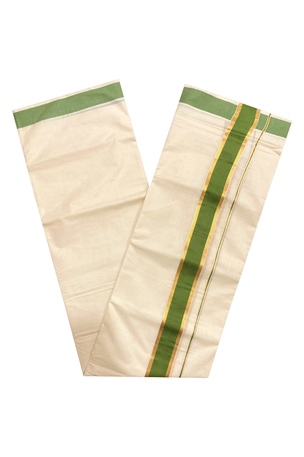 Pure Cotton Double Mundu with Green and Kasavu Border (South Indian Dhoti)