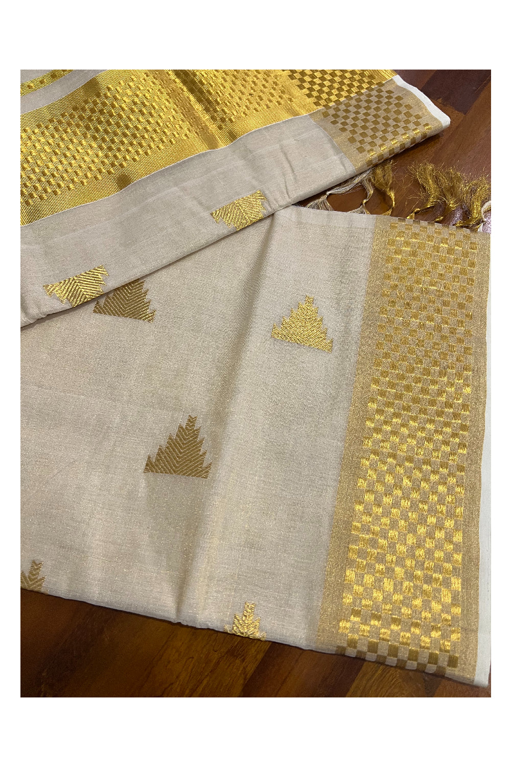 Southloom Premium Handloom Tissue Kasavu Saree with Paa Neythu Woven Border and Temple Works on Body