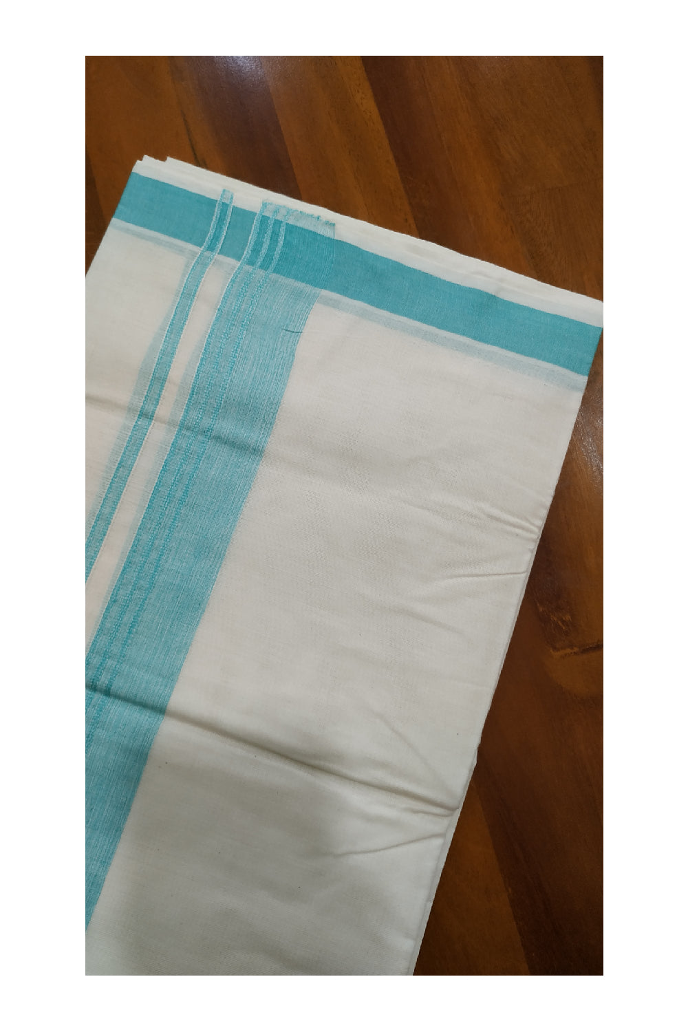 Off White Pure Cotton Mundu with Turquoise Border (South Indian Dhoti)