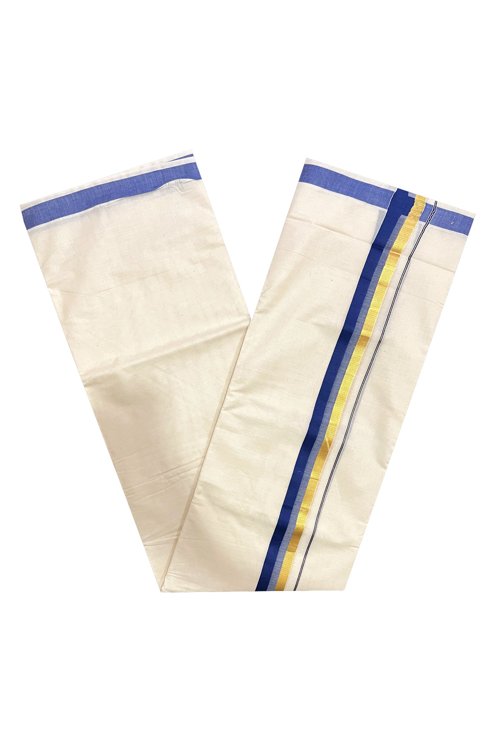 Off White Kerala Double Mundu with Kasavu and Blue Kara (South Indian Dhoti)