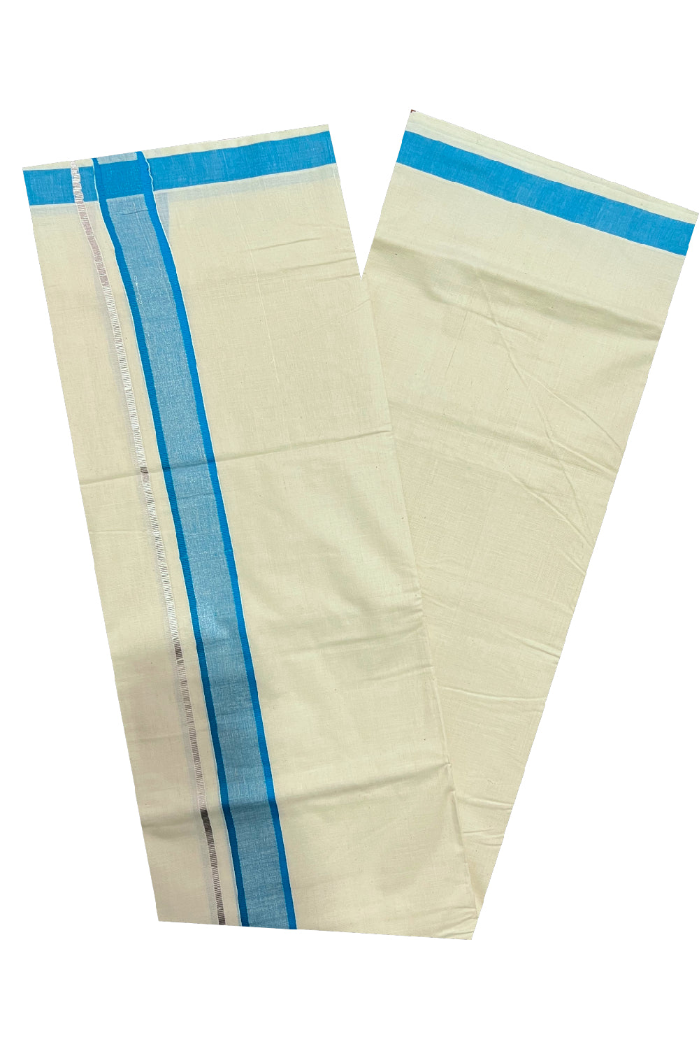 Pure Cotton Off White Double Mundu with Silver Kasavu and Light Blue Border (South Indian Dhoti)