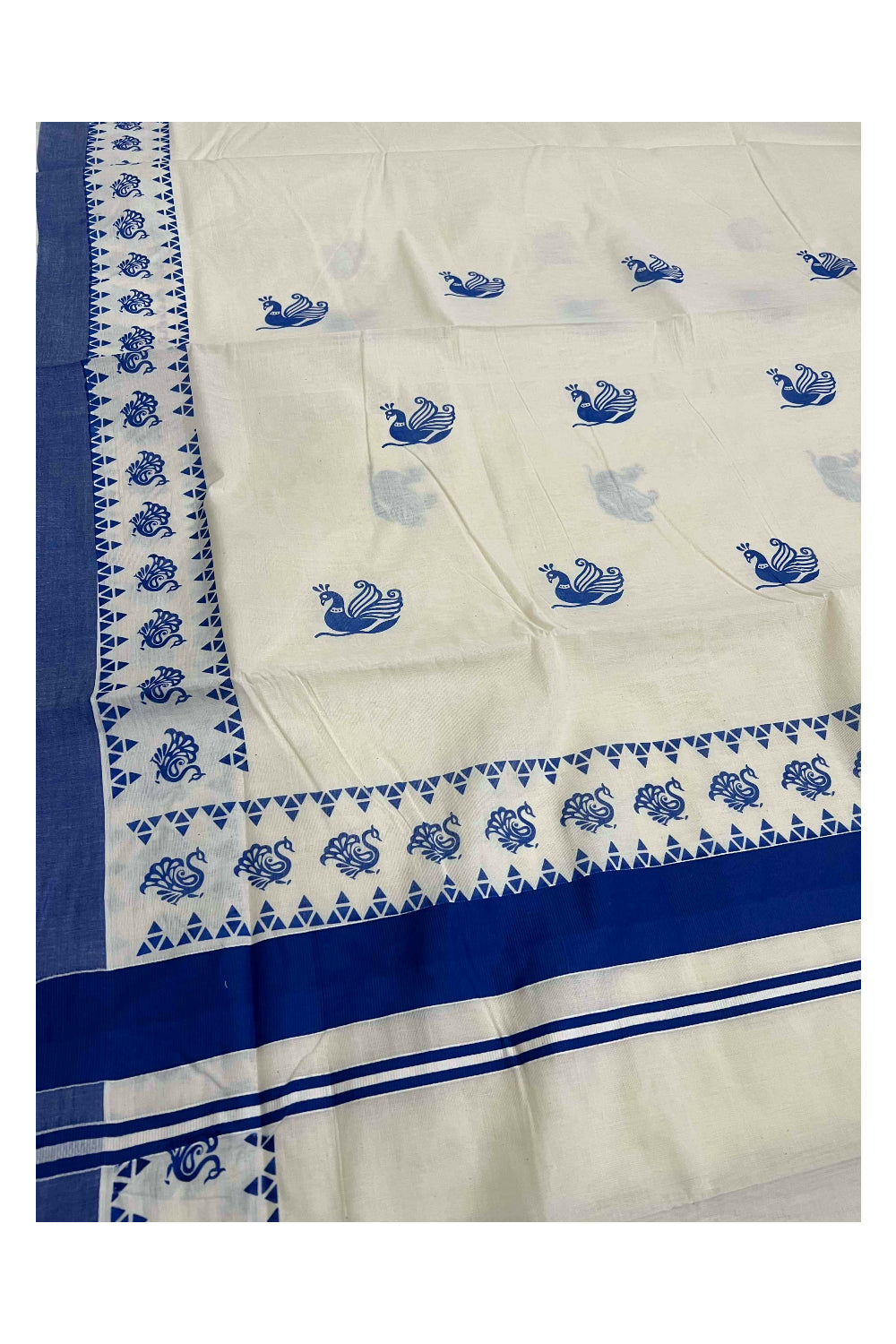 Pure Cotton Kerala Saree with Blue Peacock Block Printed Border