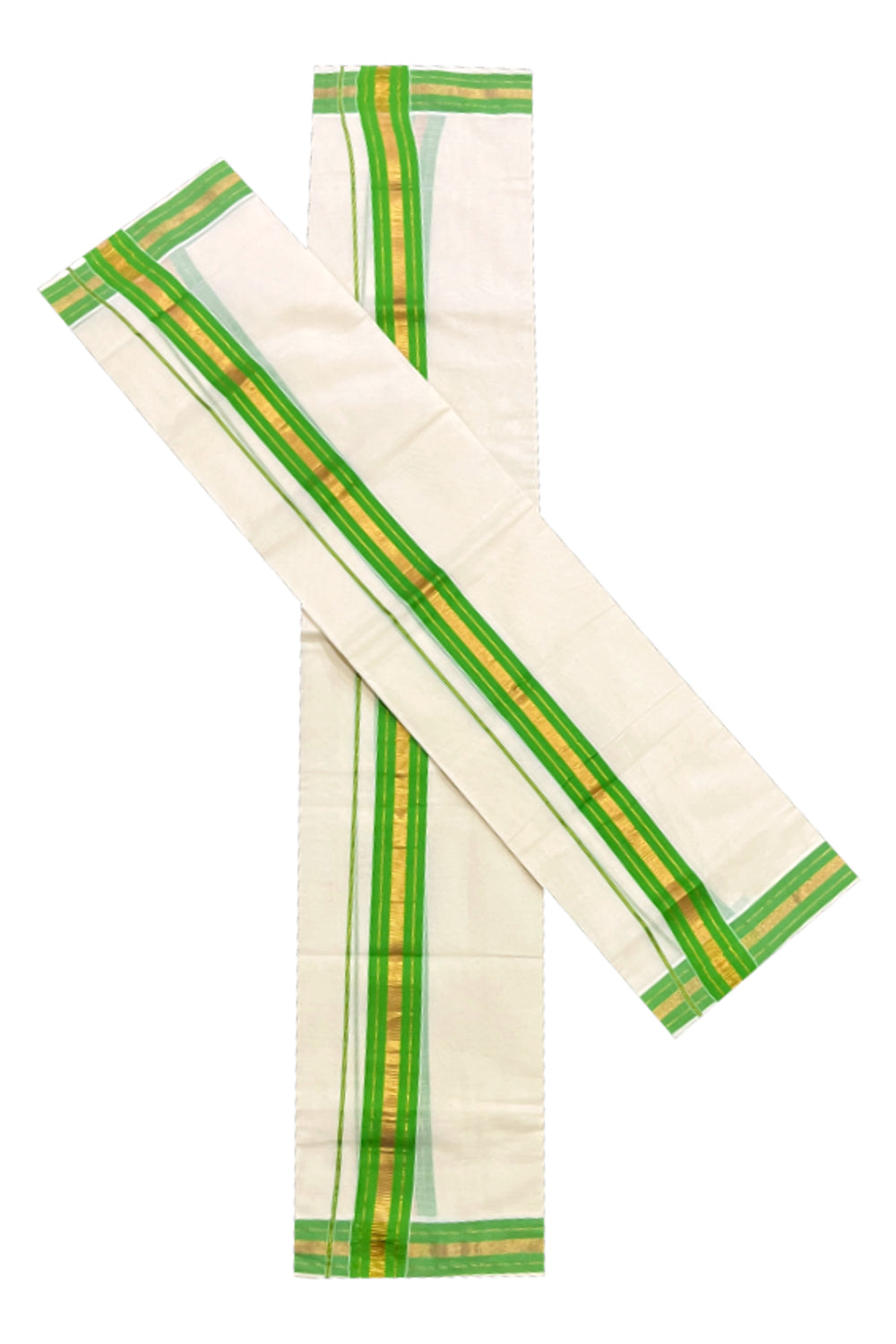 Pure Cotton Kerala Single Set Mundu (Mundum Neriyathum) with Light Green and Kasavu Border 2.80 Mtrs