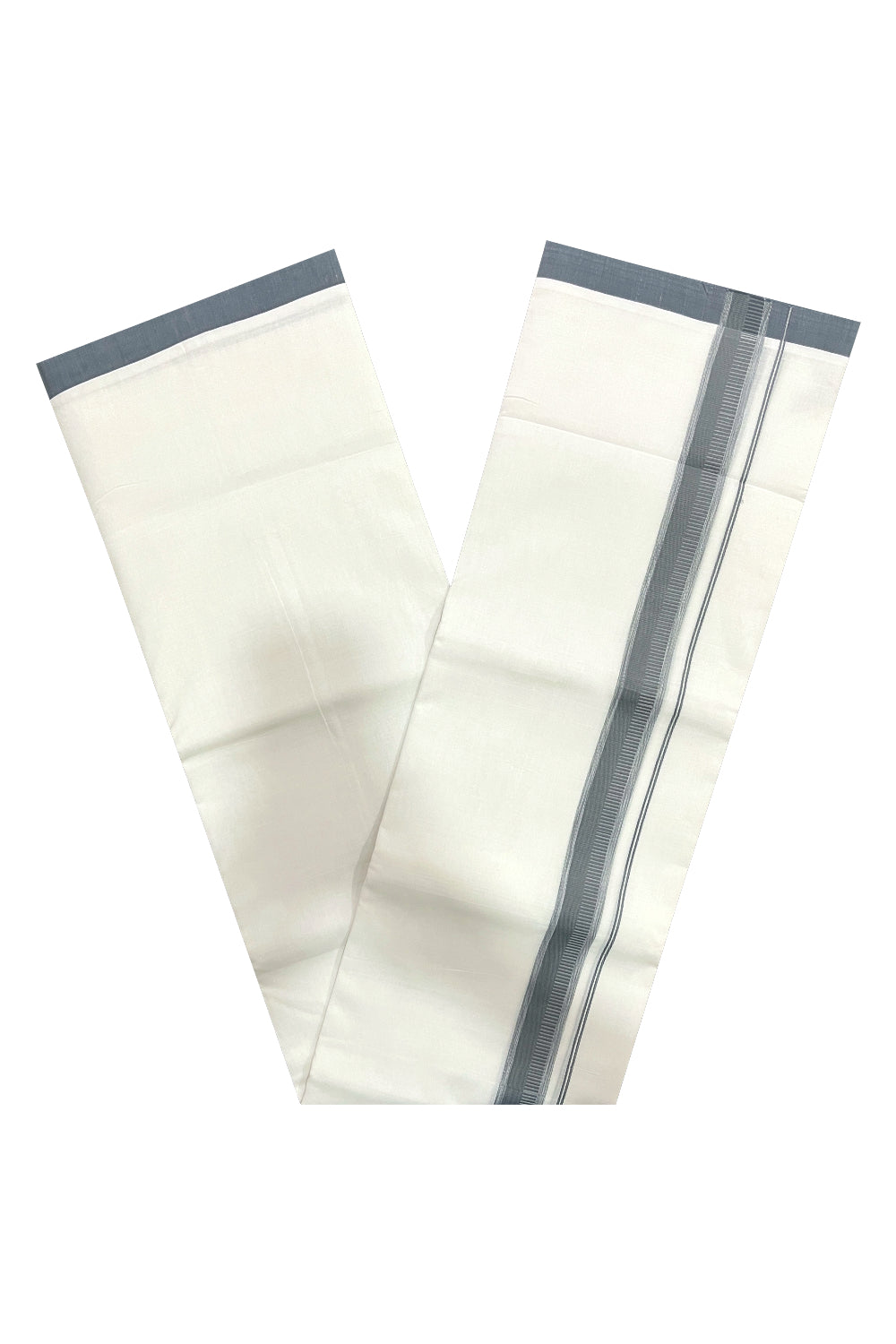 Pure White Cotton Double Mundu with Grey Border (South Indian Dhoti)