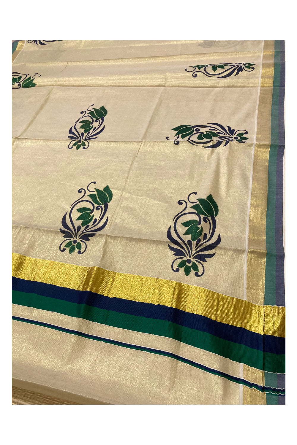 Kerala Tissue Kasavu Saree With Mural Floral Printed Design and Green Blue Border