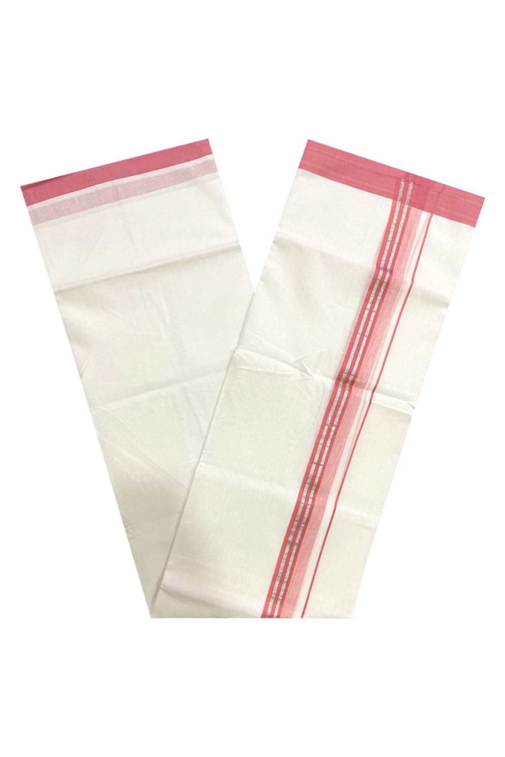 Pure White Cotton Double Mundu with Silver Kasavu and Baby Pink Border (South Indian Dhoti)