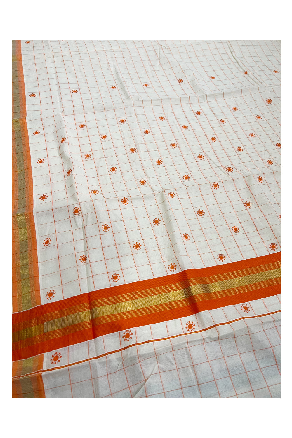 Pure Cotton Kerala Checkered Saree with Orange Block Prints and Kasavu Border