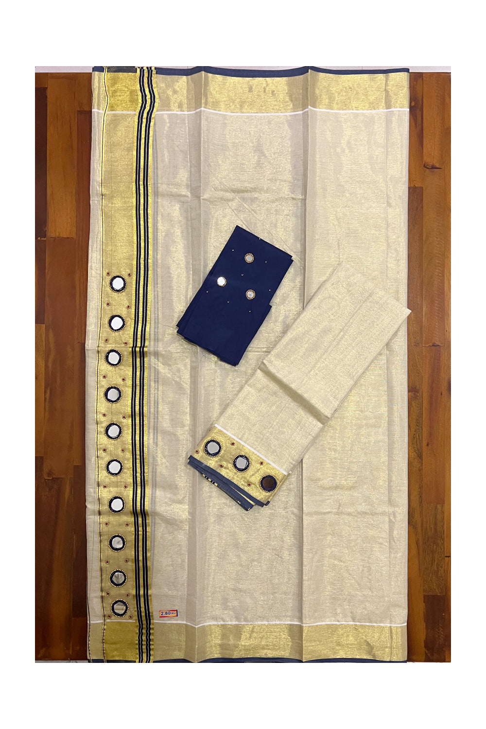 Kerala Tissue Kasavu Set Mundu (Mundum Neriyathum) with Navy Blue Border and Mirror Bead Handwork Design 2.80 Mtrs (Include Blouse Piece)