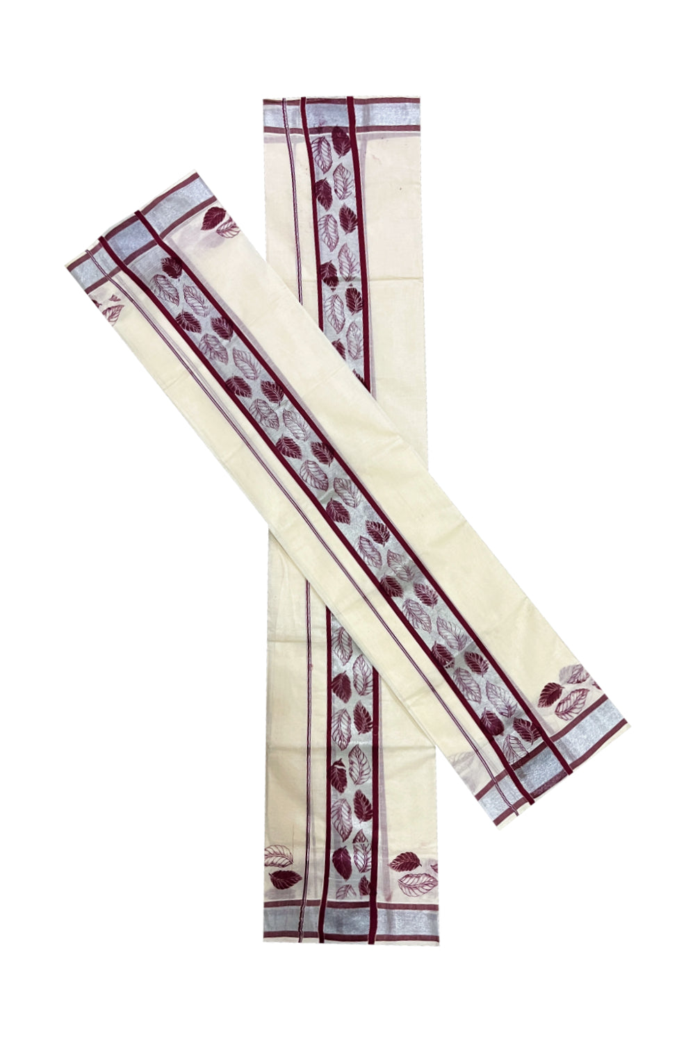 Pure Cotton SIlver Kasavu Single Set Mundu (Mundum Neriyathum ) with Maroon Block Prints