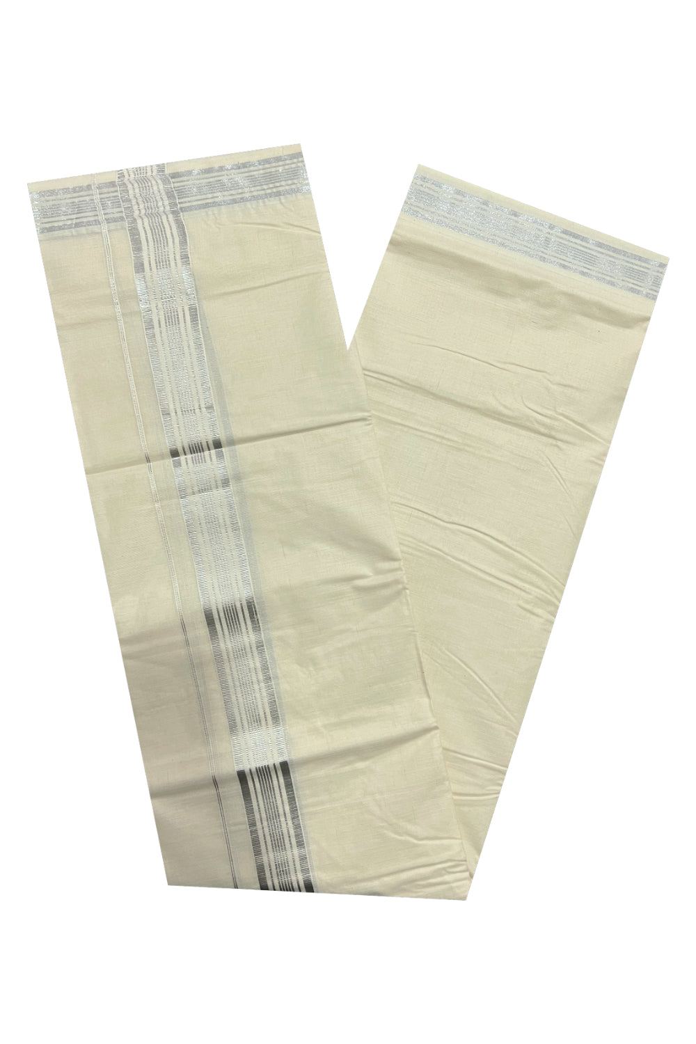 Pure Cotton Off White Double Mundu with Silver Kasavu Line Border (South Indian Dhoti)