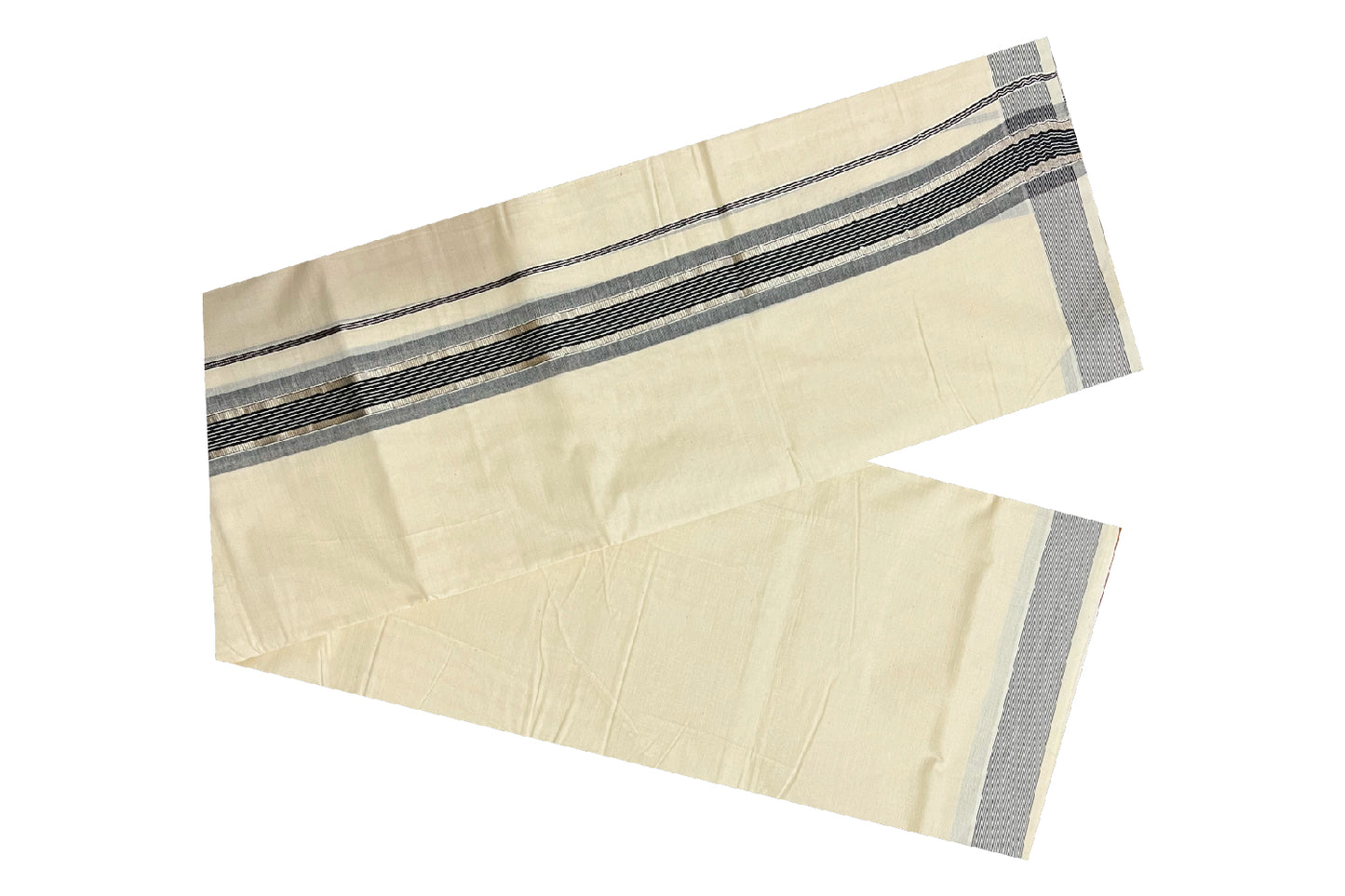 Off White Kerala Double Mundu with Silver Kasavu and Black Line Border (South Indian Dhoti)