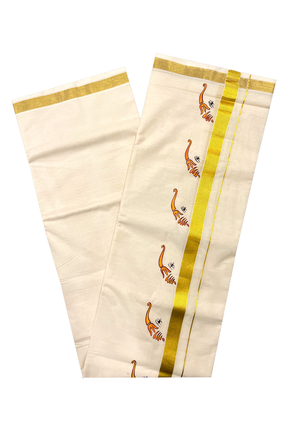 Pure Cotton Kasavu Mundu with Mural Hand Painted Design (South Indian Dhoti)