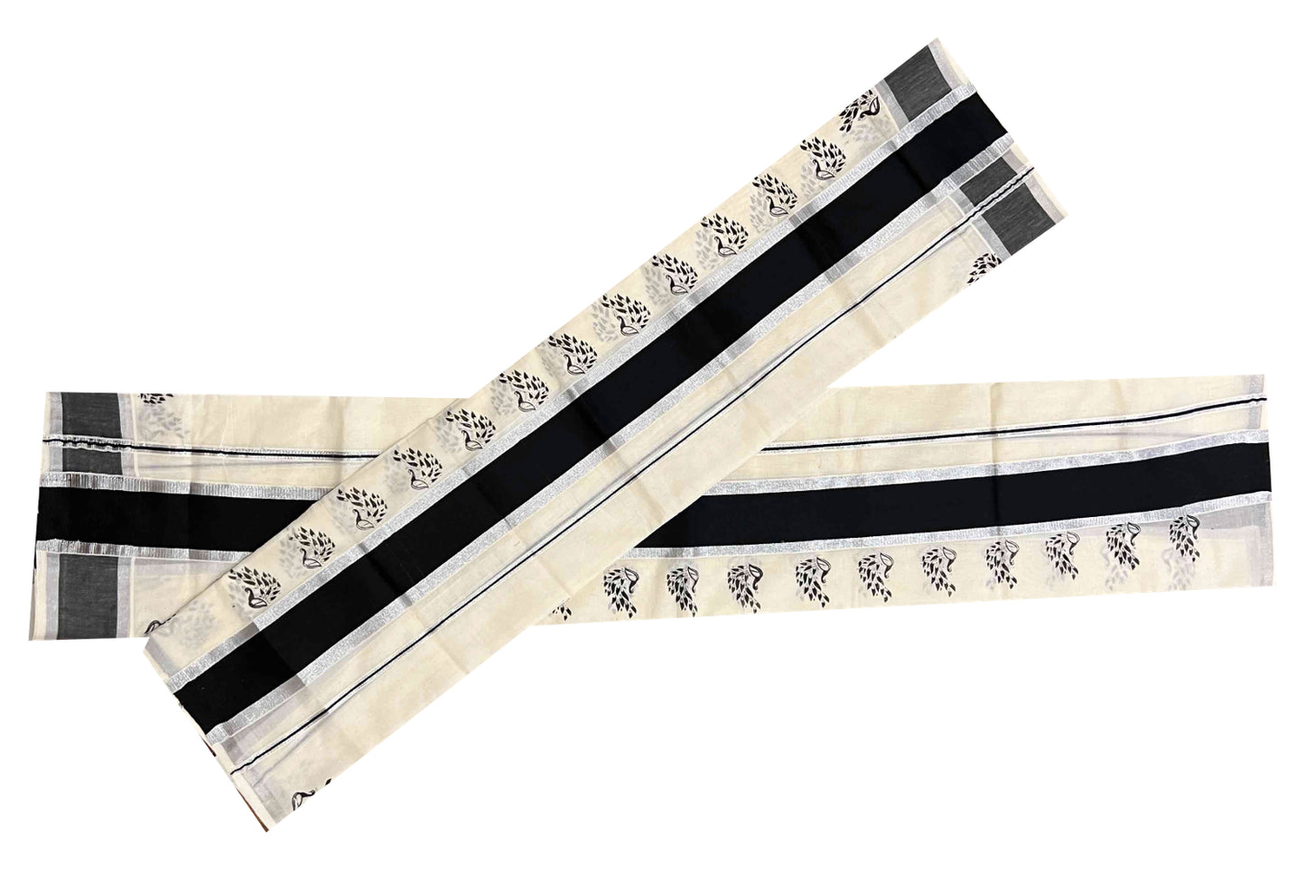 Kerala Cotton Set Mundu (Mundum Neriyathum) with Silver and Black Block Printed Border