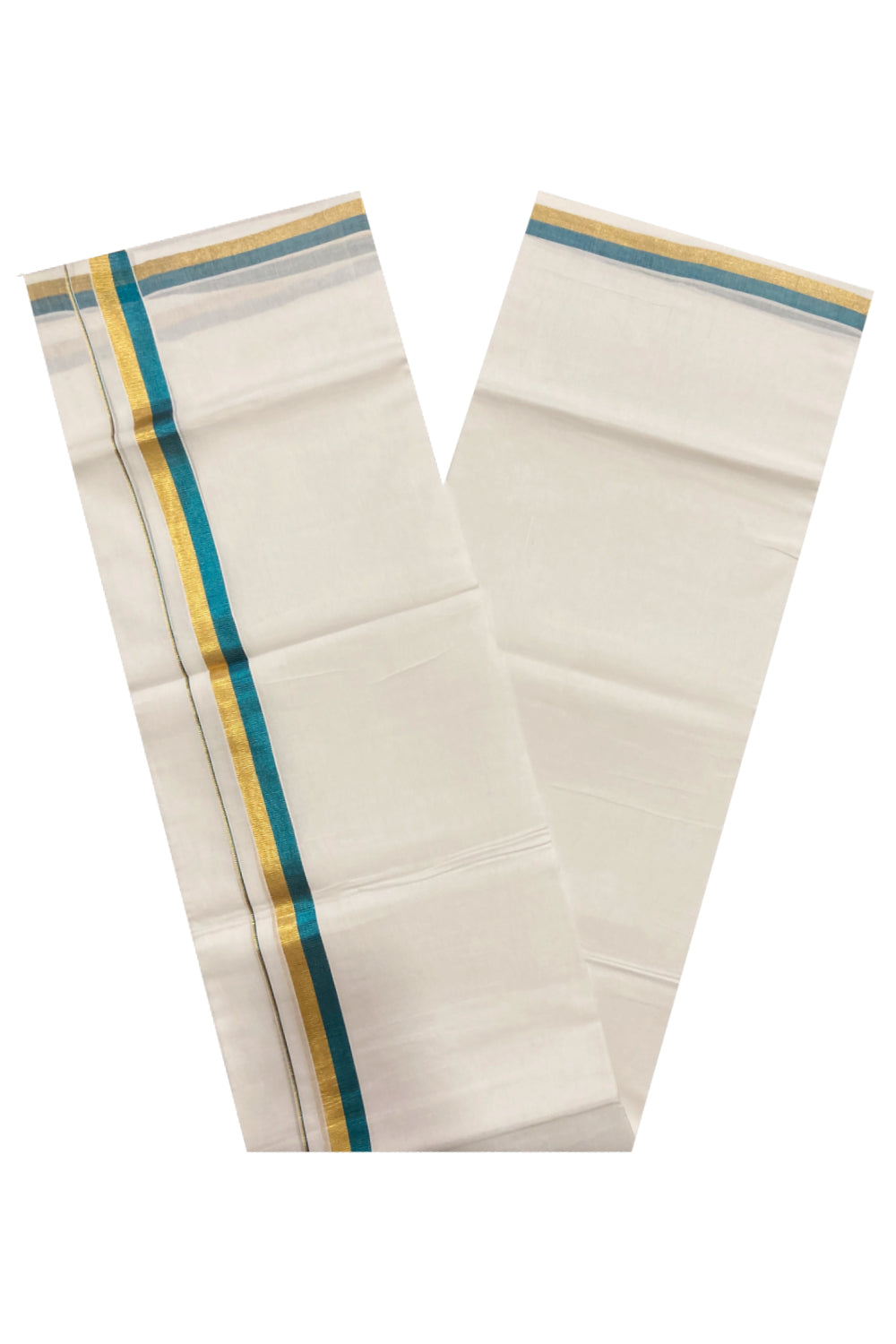 Southloom Premium Handloom Cotton Pure White Mundu with Golden and Teal Blue Kasavu Border (South Indian Dhoti)