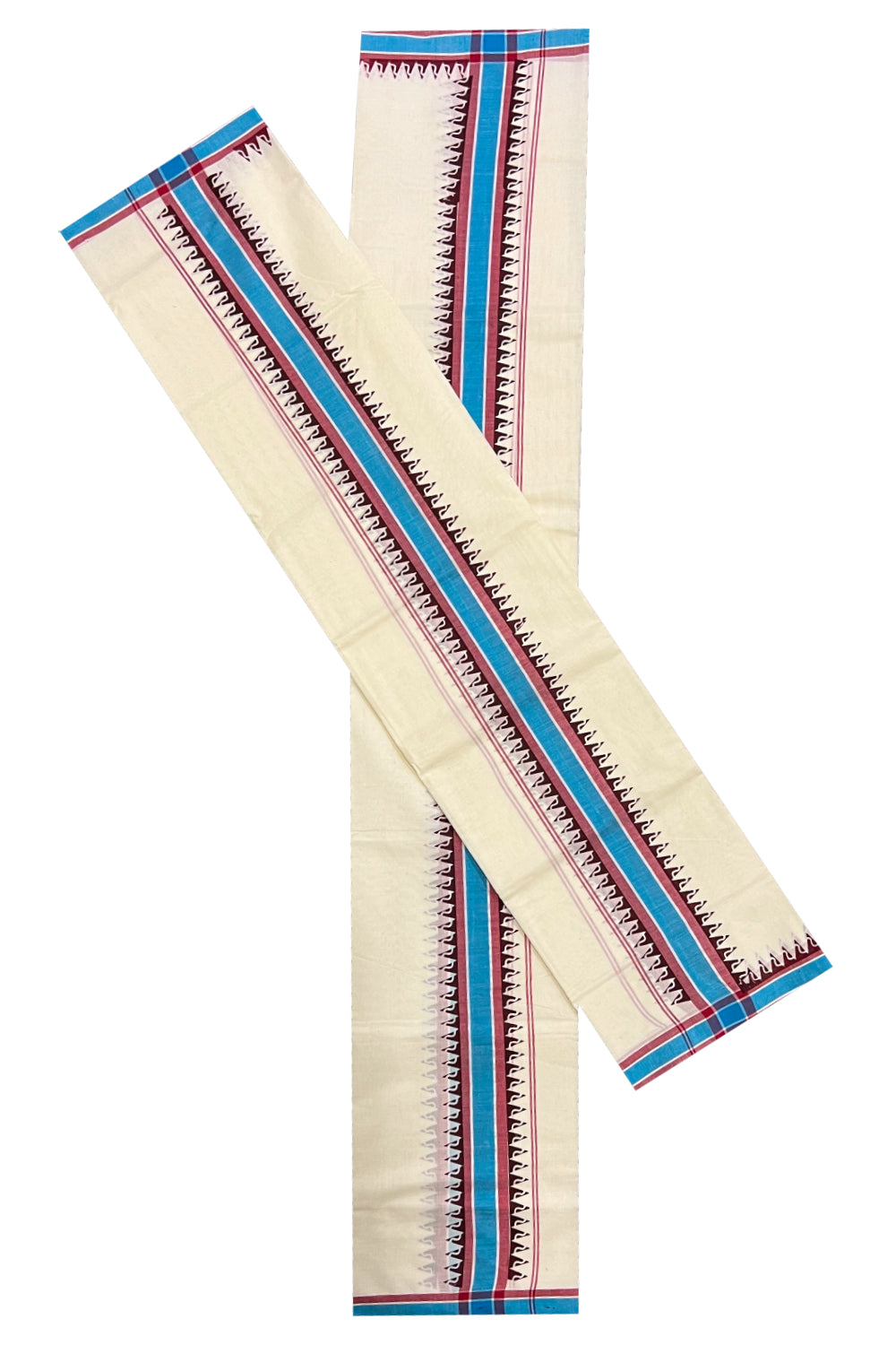 Kerala Cotton Mulloth Mundum Neriyathum Single (Set Mundu) with Dark Maroon Temple Block Prints and Blue Border (Extra Soft Cotton)