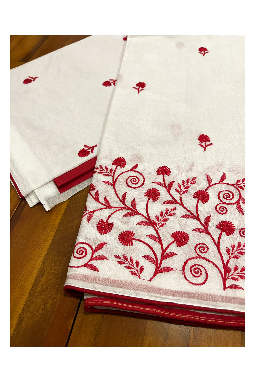 Southloom Cotton Pure White Saree with Designer Red Floral Thread works on Body