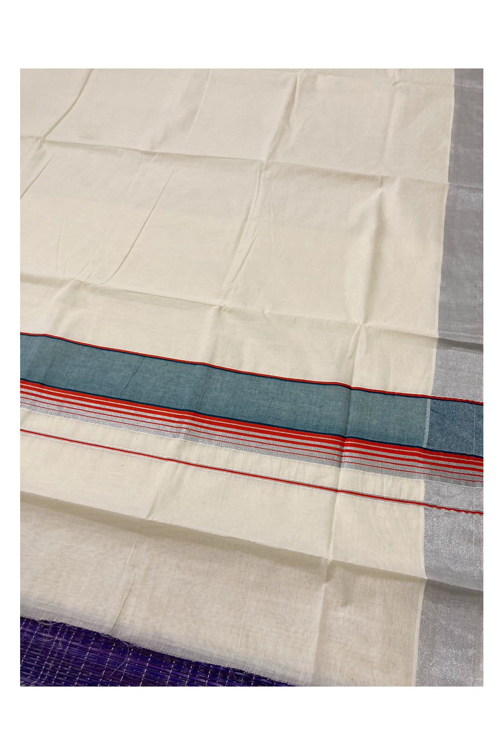 Pure Cotton Silver Kasavu Plain Saree with Orange and Green Border