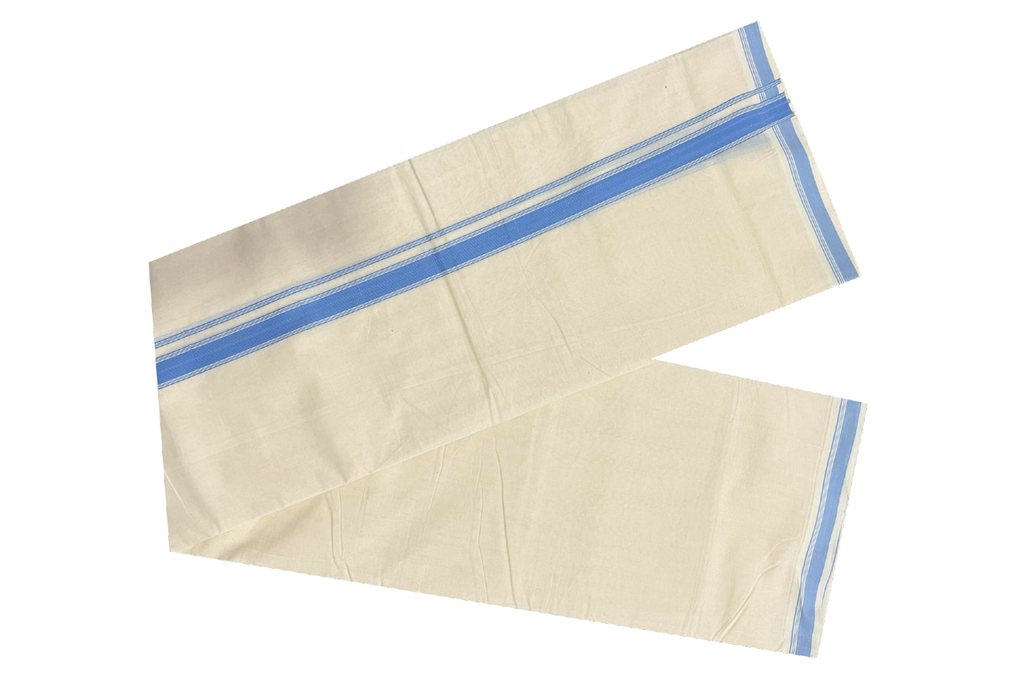 Off White Pure Cotton Double Mundu with Light Blue Kara (South Indian Dhoti)