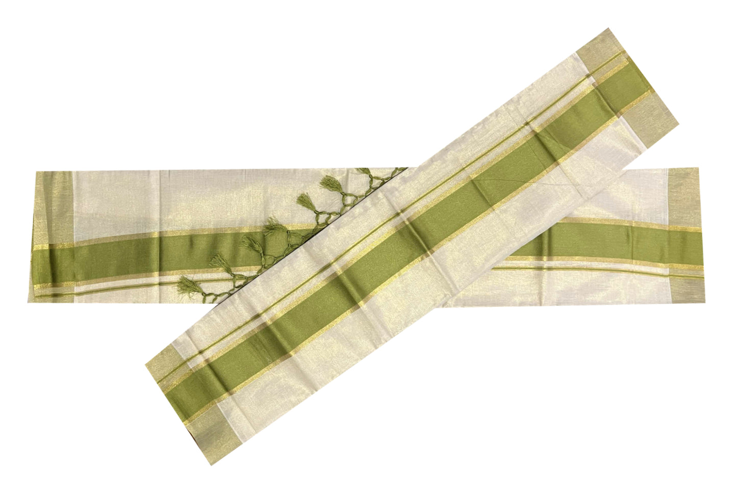 Kerala Tissue Kasavu Set Mundu (Mundum Neriyathum) with Light Green Kara and Tassels on Pallu 2.80 Mtrs