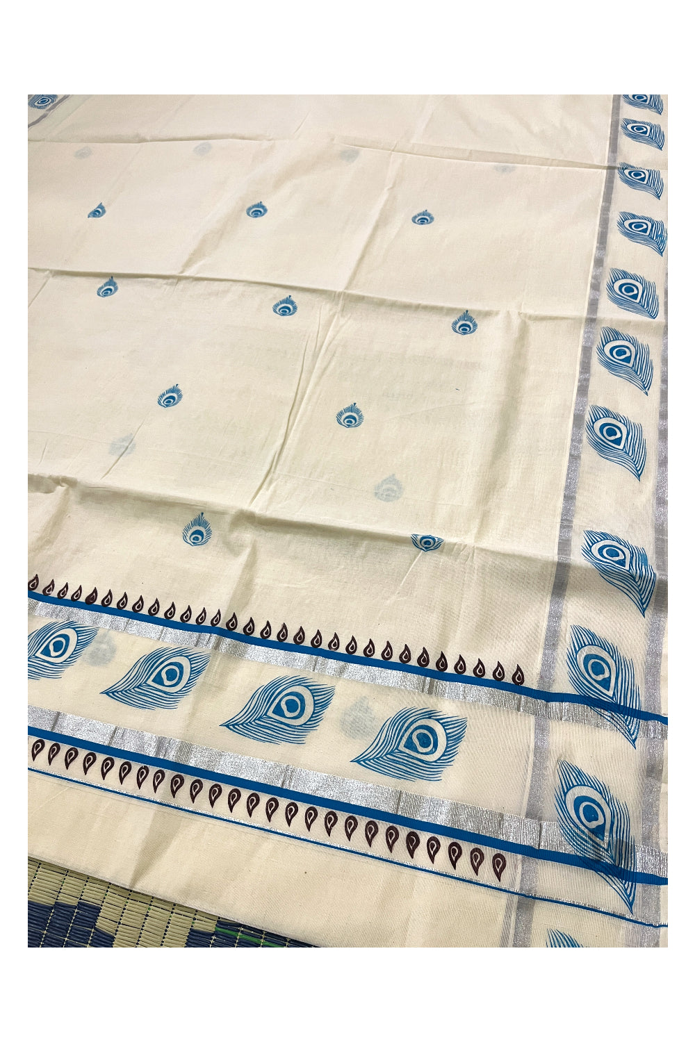 Pure Cotton Off White Kerala Saree with Blue Block Prints in Silver Border (Vishu Saree 2023)