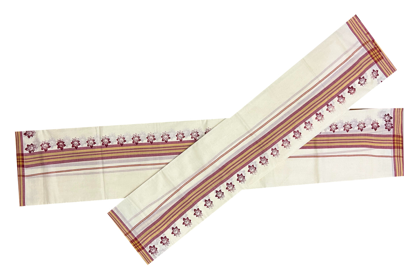 Kerala Cotton Mundum Neriyathum Single (Set Mundu) with Maroon Block Print and Mulloth Border (Extra Soft Cotton)