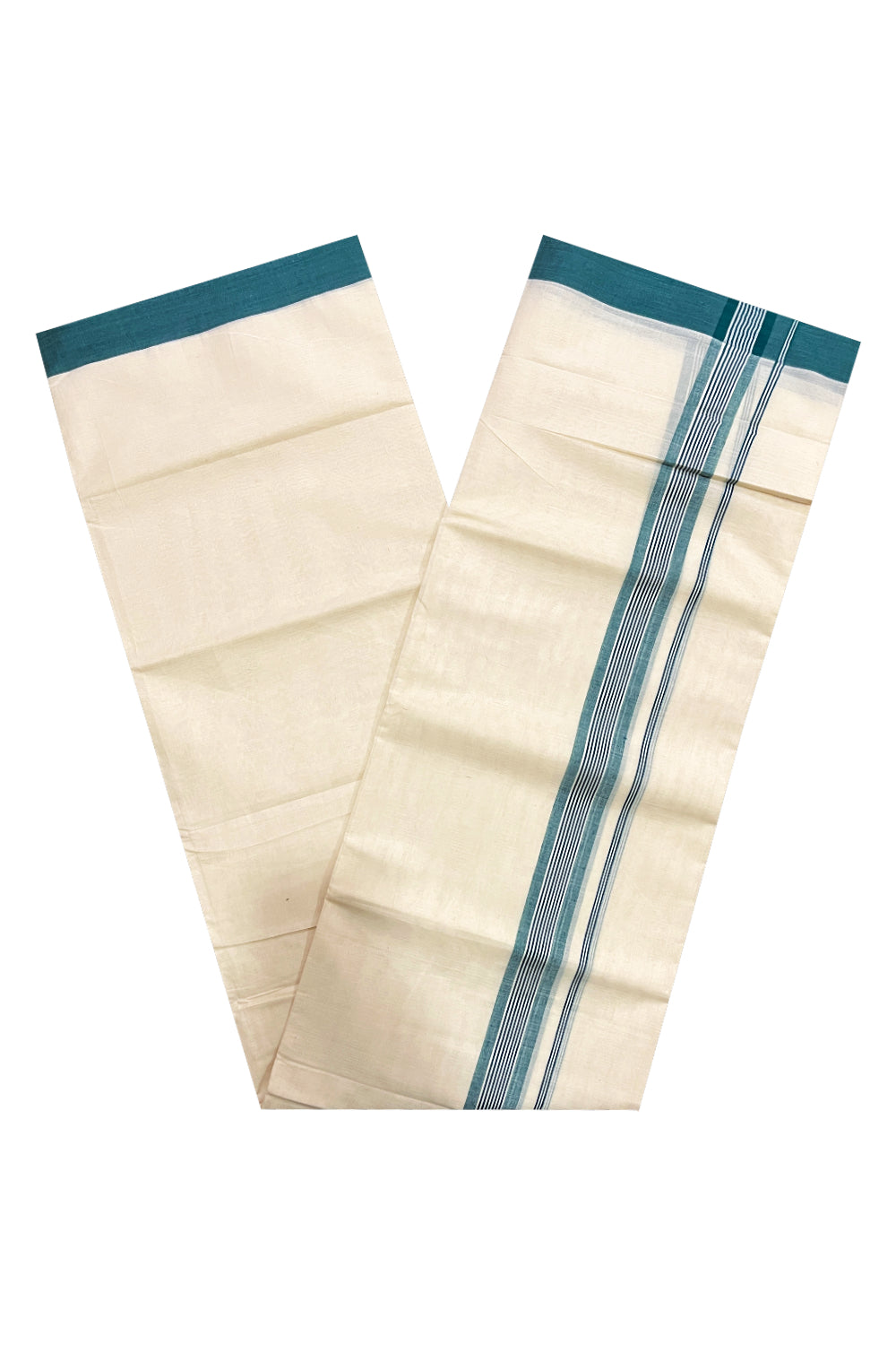 Pure Cotton Off White Double Mundu with Green Kara (South Indian Dhoti)