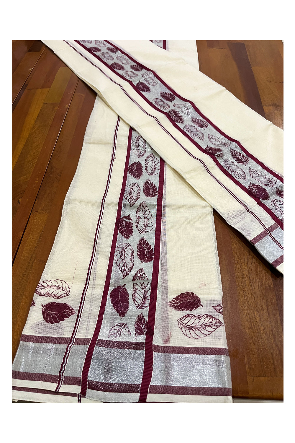 Pure Cotton SIlver Kasavu Single Set Mundu (Mundum Neriyathum ) with Maroon Block Prints