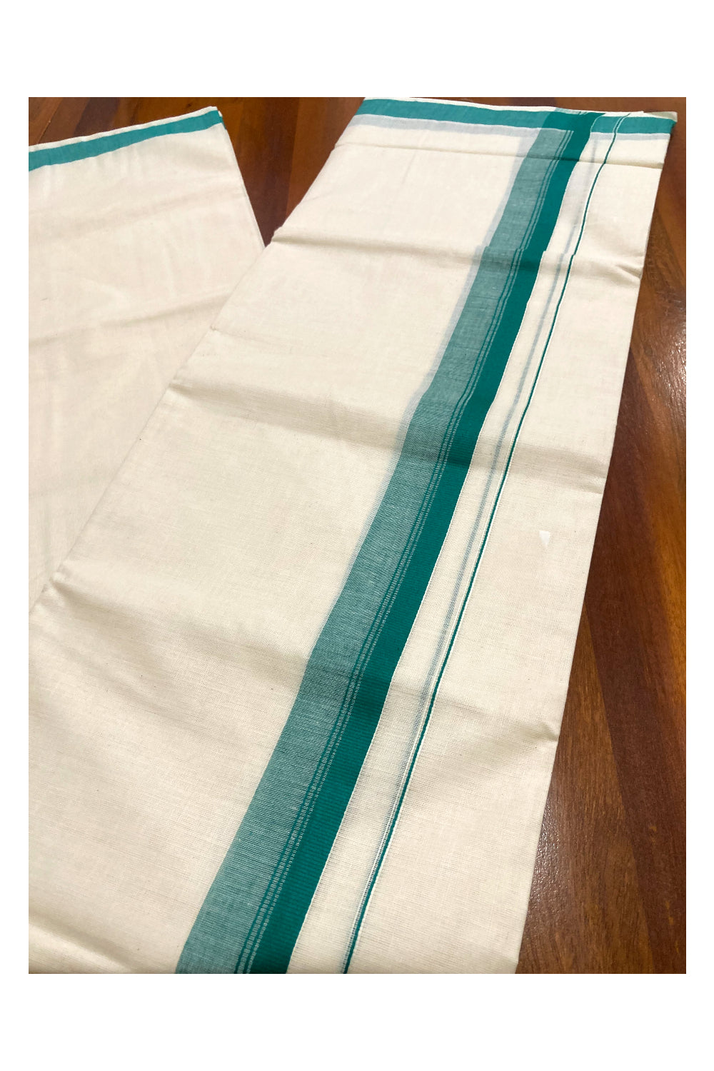 Off White Pure Cotton Double Mundu with Green Border (South Indian Dhoti)