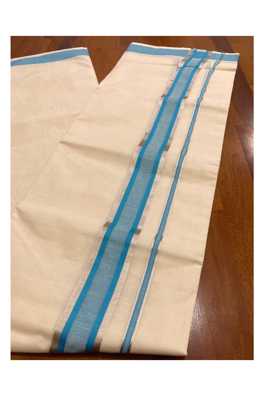 Pure Cotton Double Mundu with Blue and Silver Kasavu Border (South Indian Dhoti)